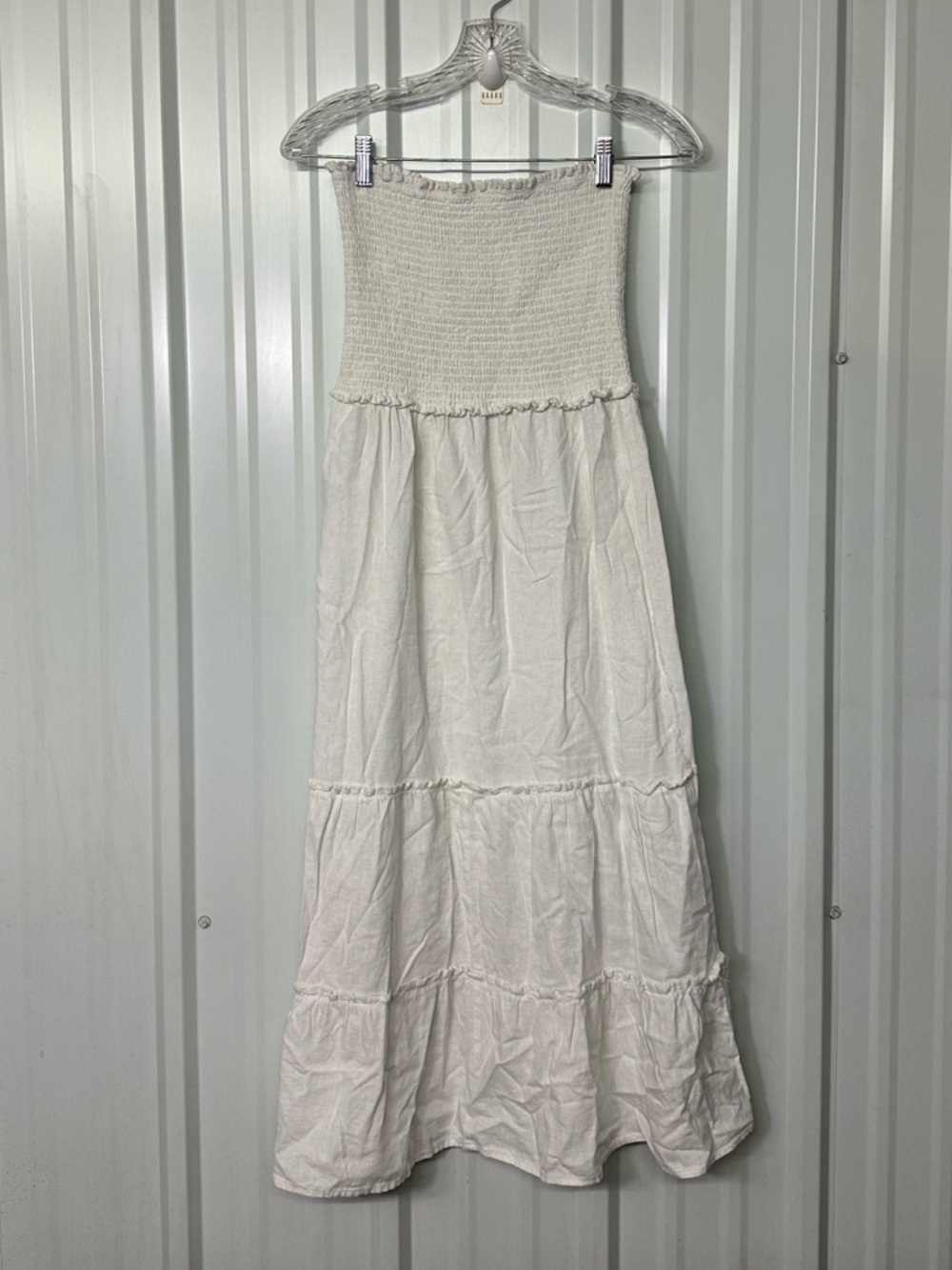 4Our Dreamers Ruffle Tier Linen Blend Midi Dress Cottagecore Romantic Boho Chic